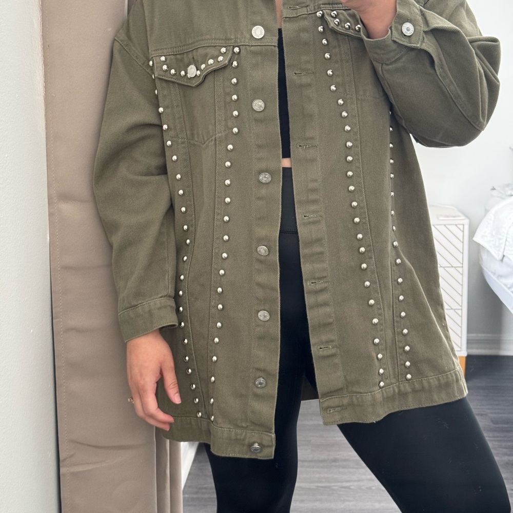 SHEIN Oversize Green Jean Jacket with Studded Details
